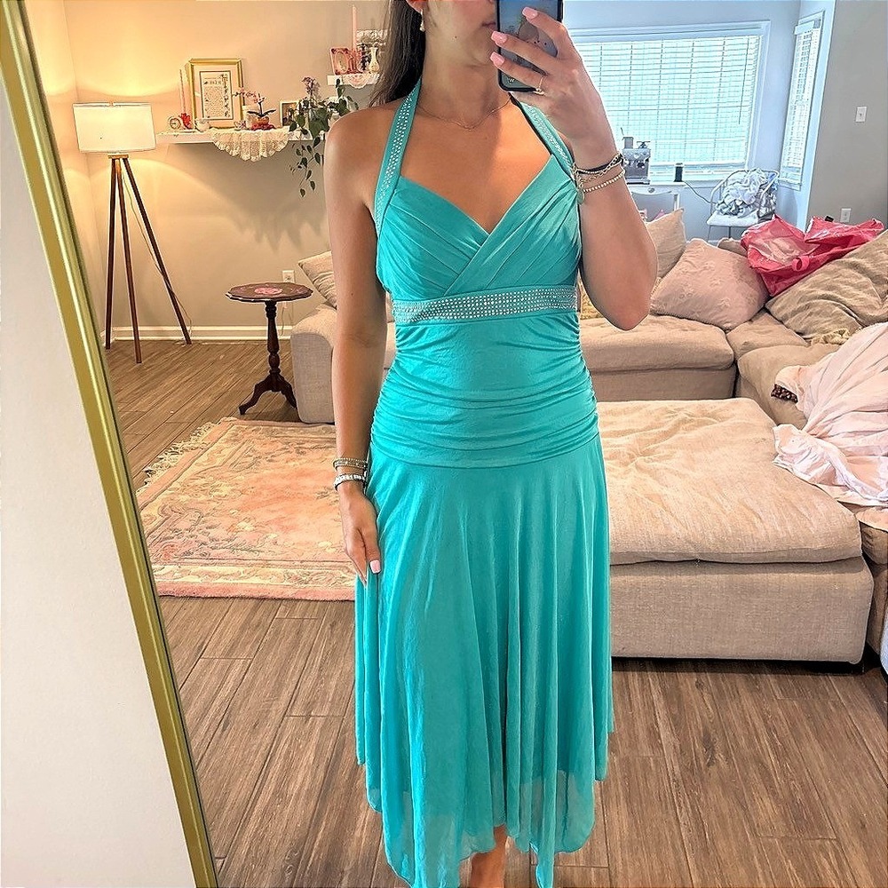 y2k Trixxi Halter Dress Teal Green Rhinestone Ruched Handkerchief Hem